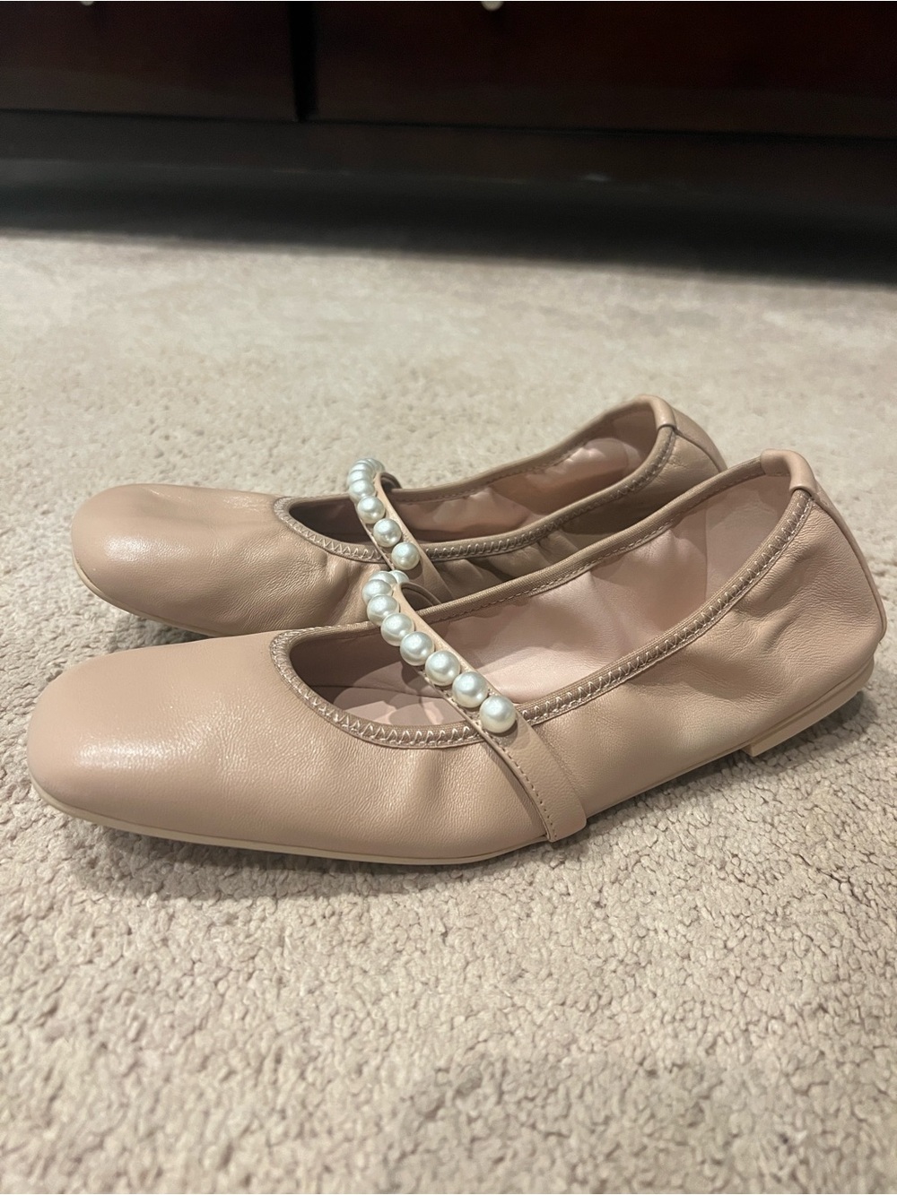Stuart Weitzman Goldie Pearl-Strap Blush Ballet Flats